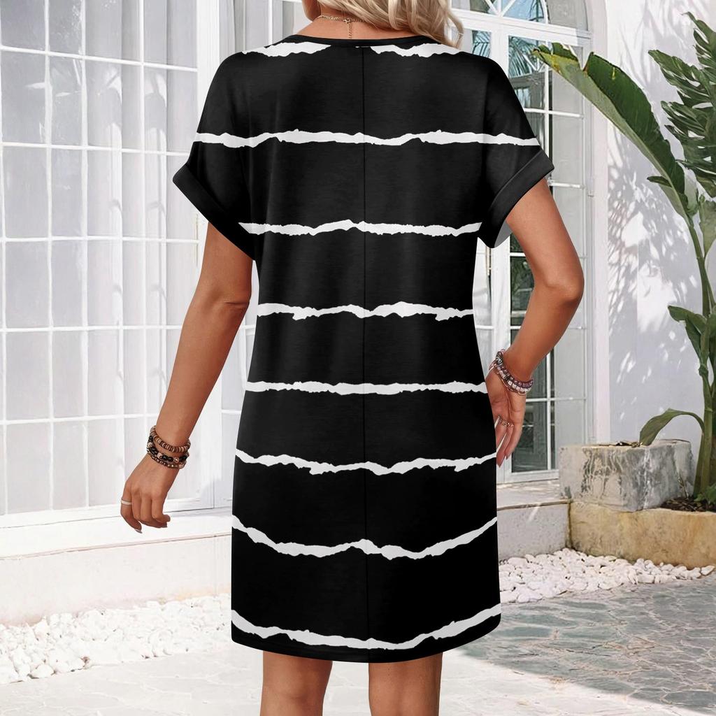Damenmode Gestreifter Druck V-Ausschnitt Kurzarm Tasche Lässiges Pulloverkleid
