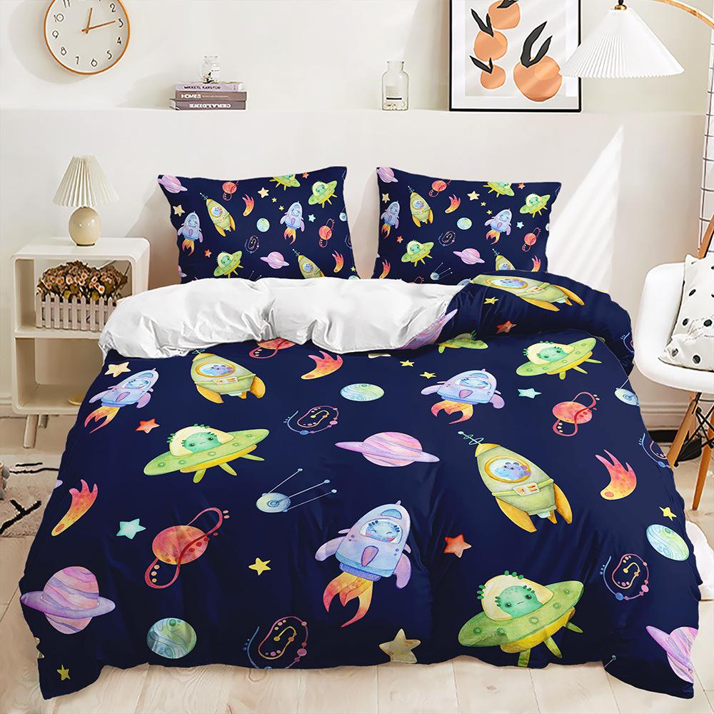 Quilt Cover Cartoon Planet Bed Cover Pillowcase Digital Printing Bedding Three-Piece Set