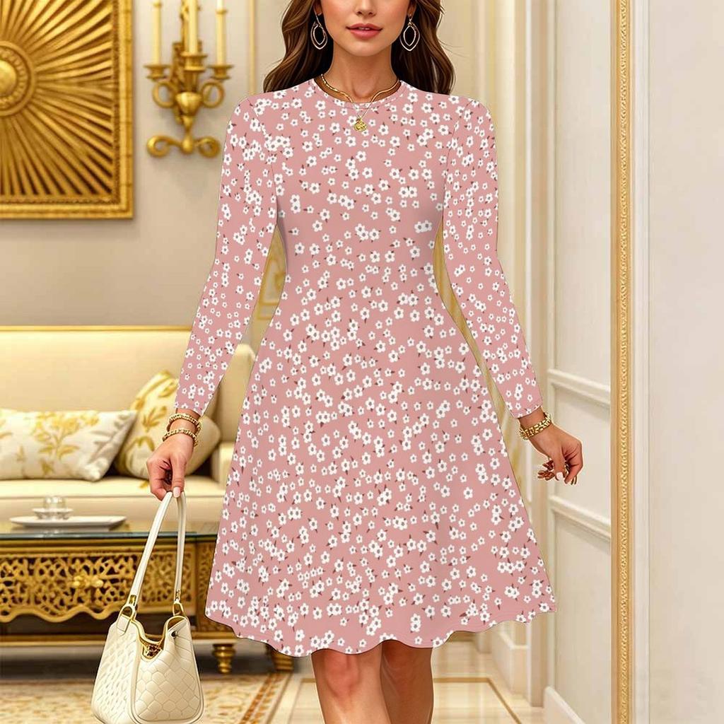 Women Long Sleeve Round Neck Midi Dress Abstract Geometric Diamond Floral Print Flared Casual Dress