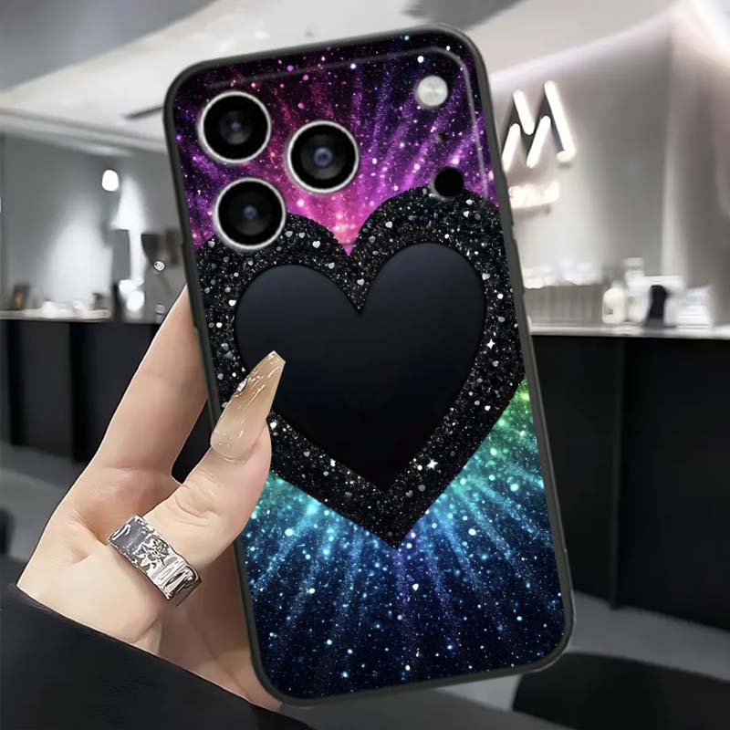 Luxurious Love Design Art Phone Case For Apple iPhone 17 16 16E 15 14 13 12 11 Pro Max Plus Black Soft Silicone