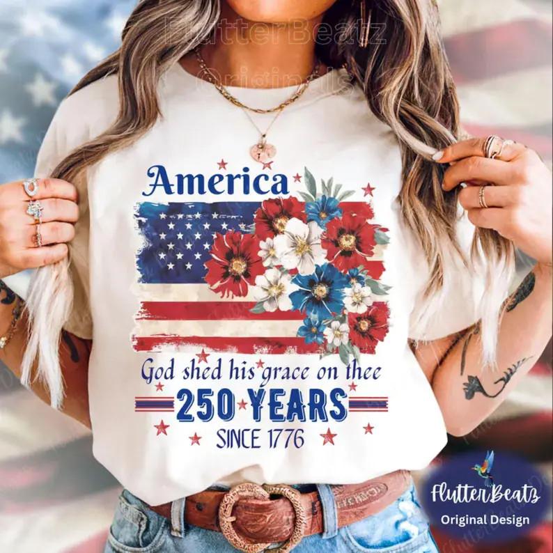 Floral America 250 Shirt Patriotic Wildflower Flag Cottagecore Graphic Unisex T-Shirt XXXXL