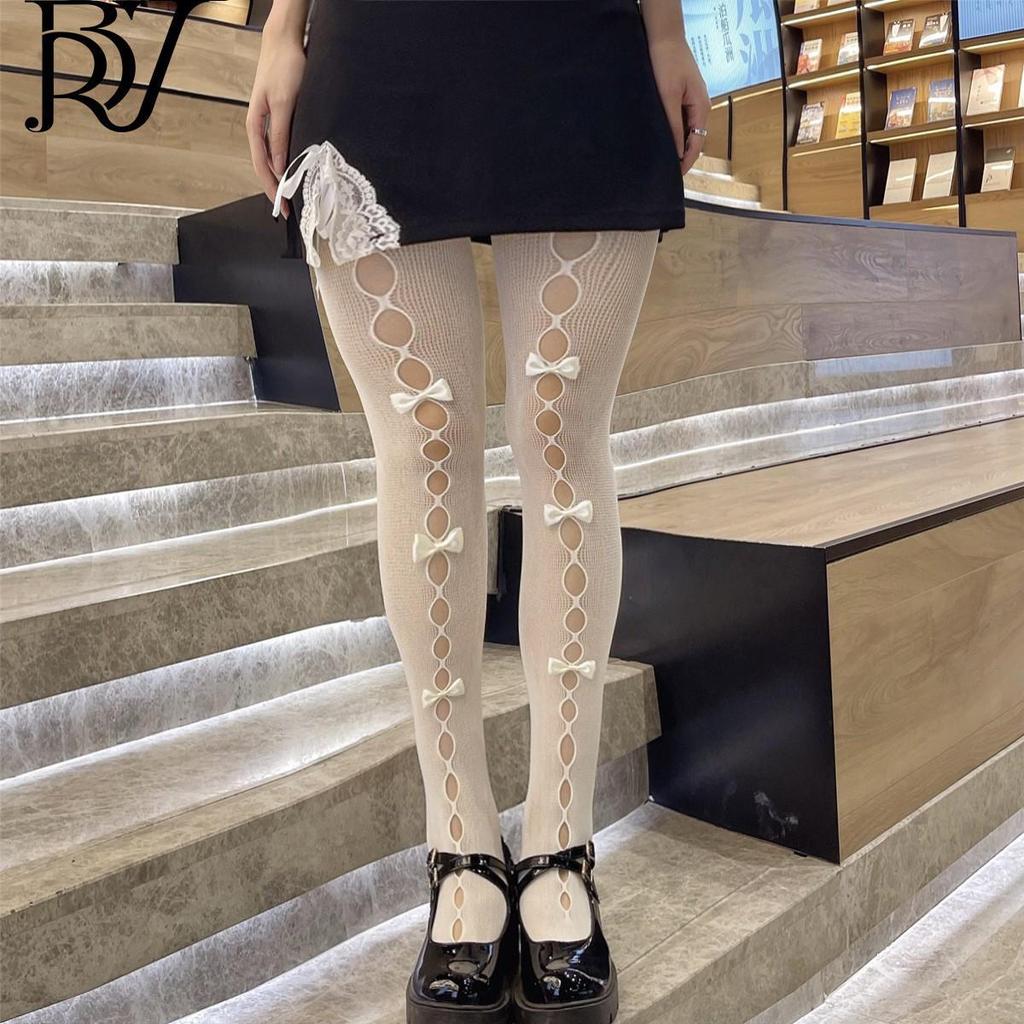 Lolita Bow Japanese JK White Fishnet Stockings - Sexy Hollow Pantyhose for Women