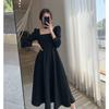 Women's Spring Summer Hepburn Style Square Collar Elegant Temperament Slim Medium Long Dress