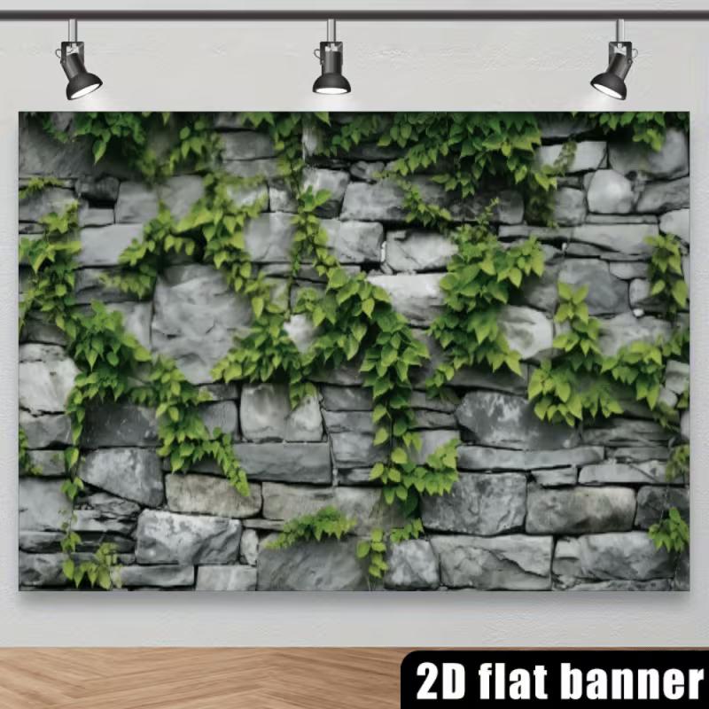 2D Rustic Stacked Stone Wall Green Ivy Vine Indoor Photo Backdrop