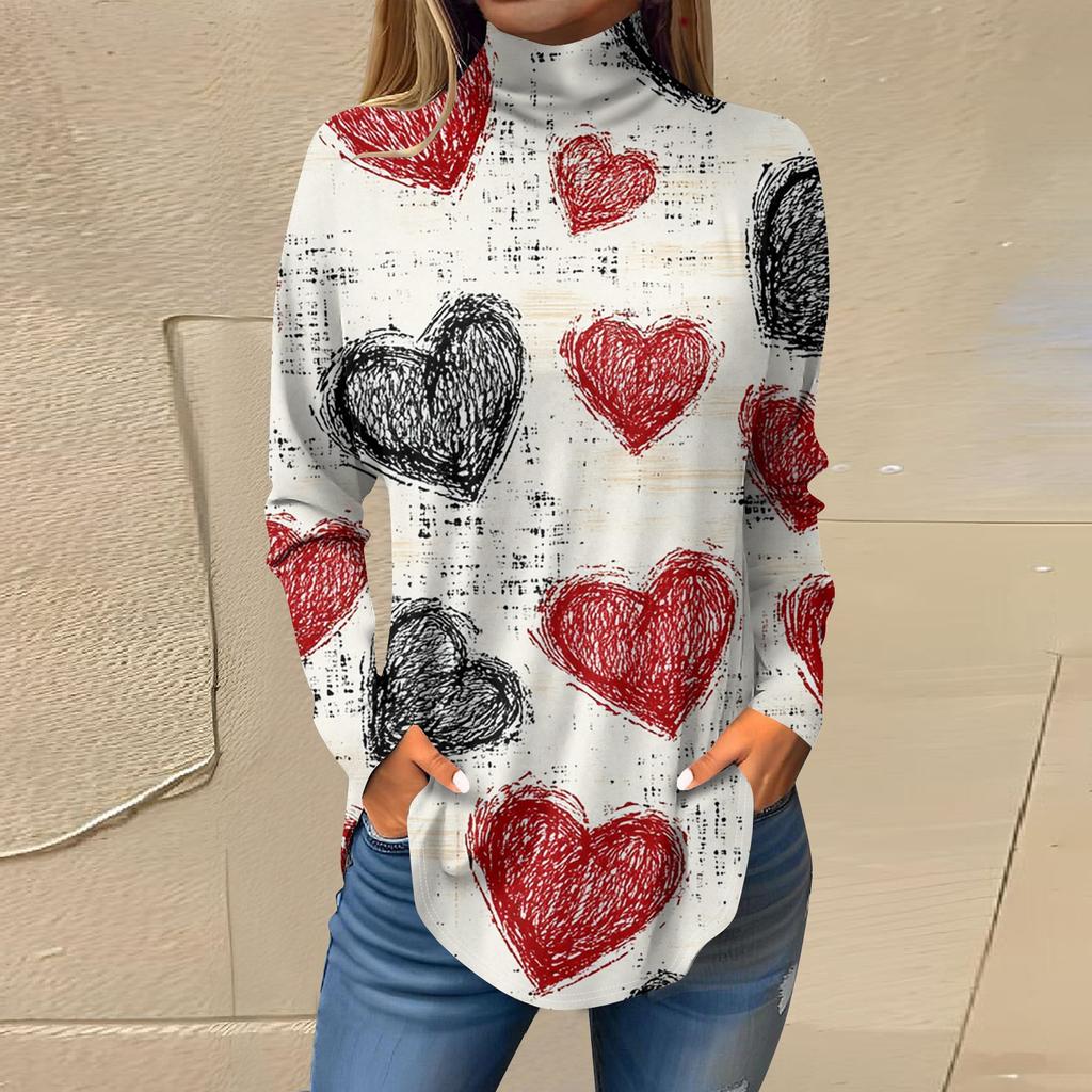 Women Fall Casual Long Sleeve Shirts Sweatshirt Printed High Neck Top Pullover