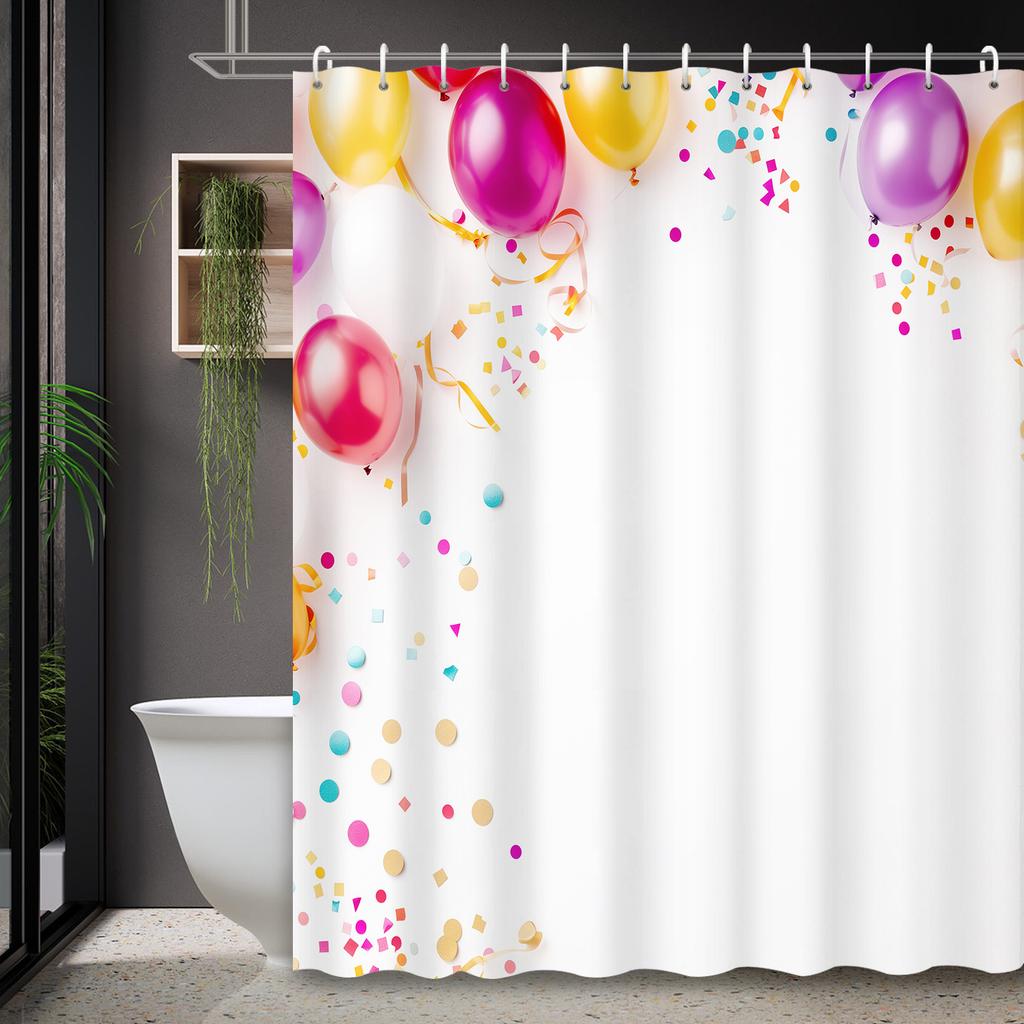 Cartoon Colorful Balloon Party Shower Curtain, 12 Hooks, Fun Bath Partition for Home & Bathroom Decoration