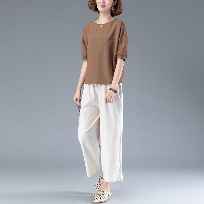 

Летний комплект из хлопка и льна: широкие брюки и свободная футболка для женщин L (Recommended 115-130 jin)