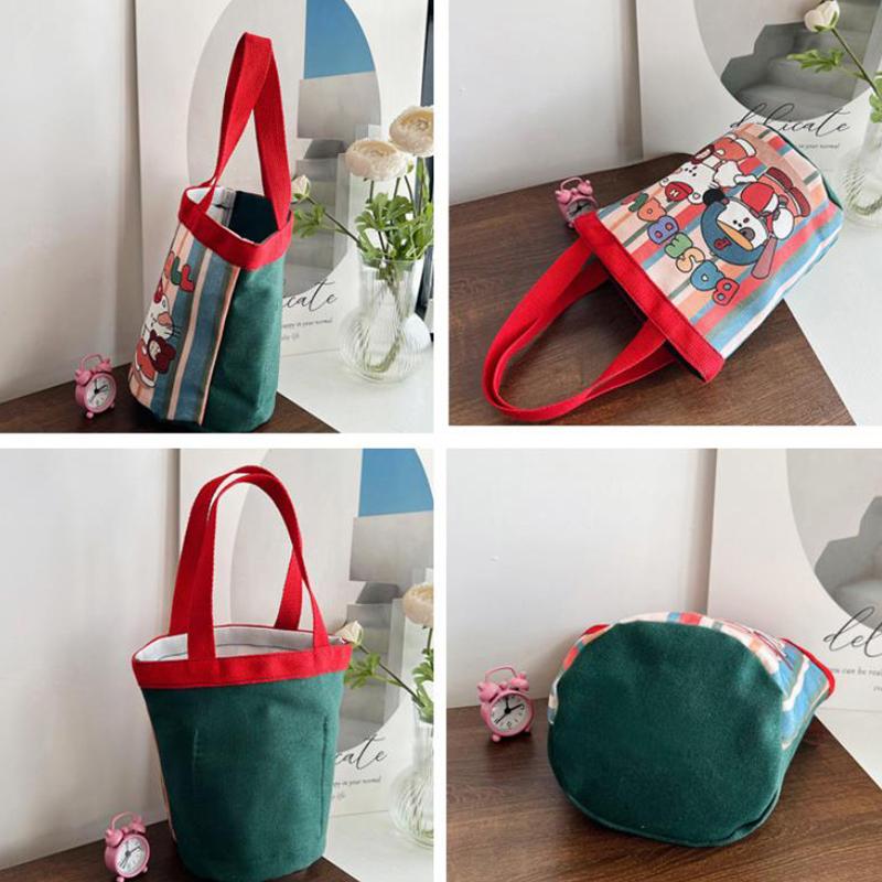 Υπέροχη Τσάντα Κουβά με Χαριτωμένο Σχέδιο Κινουμένων Σχεδίων, Φορητή Τσάντα Tote από Καμβά, Τσάντα Χειρός Κυλινδρική για Φαγητό Μαθητών