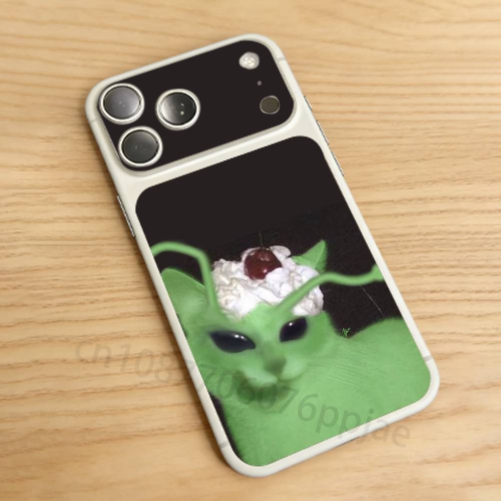 Funny Green Alien Cat For iPhone 17 Pro /Max Battry Back Cover with Camera Decal Skin Rear Protective Sticker Film