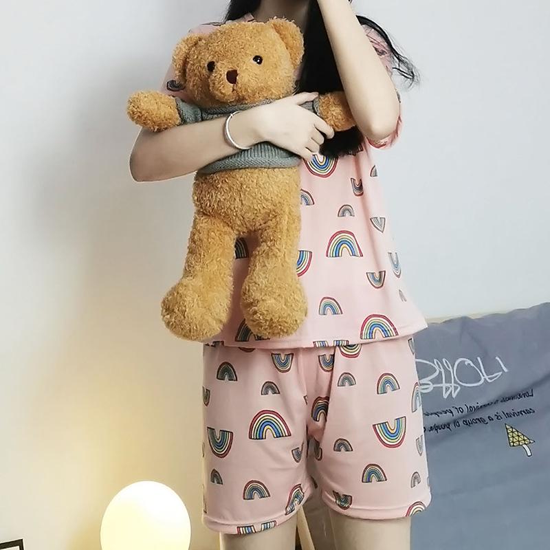 Letni zestaw piżam damskich: Okrągły dekolt, Krótki rękaw, Nadruk z kreskówką, Odmładzająca odzież domowa