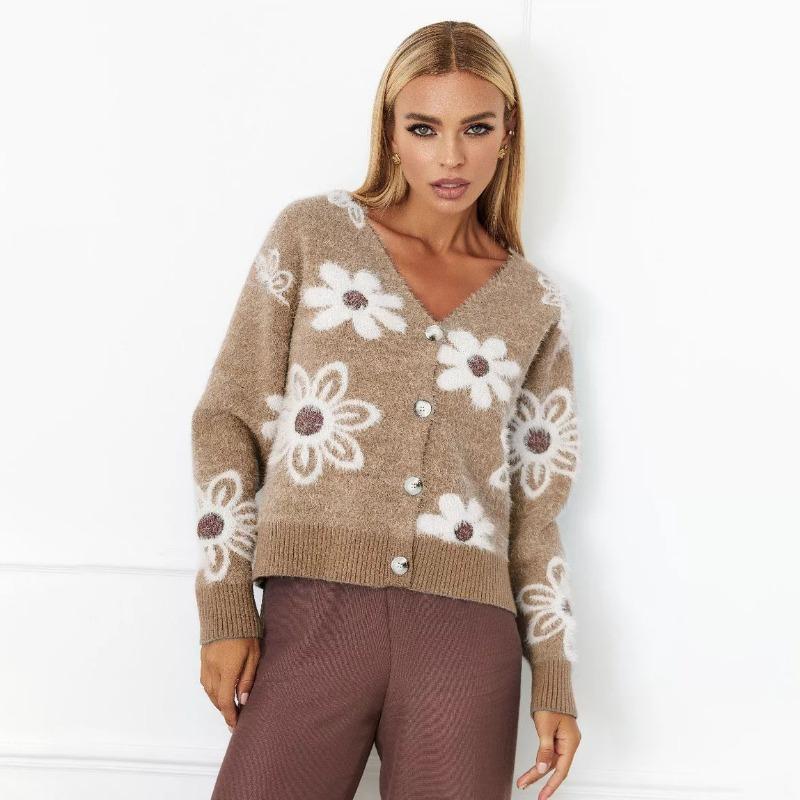 Damen Cropped Floral Jacquard V-Ausschnitt Dickstrick Cardigan Pullover Oberbekleidung