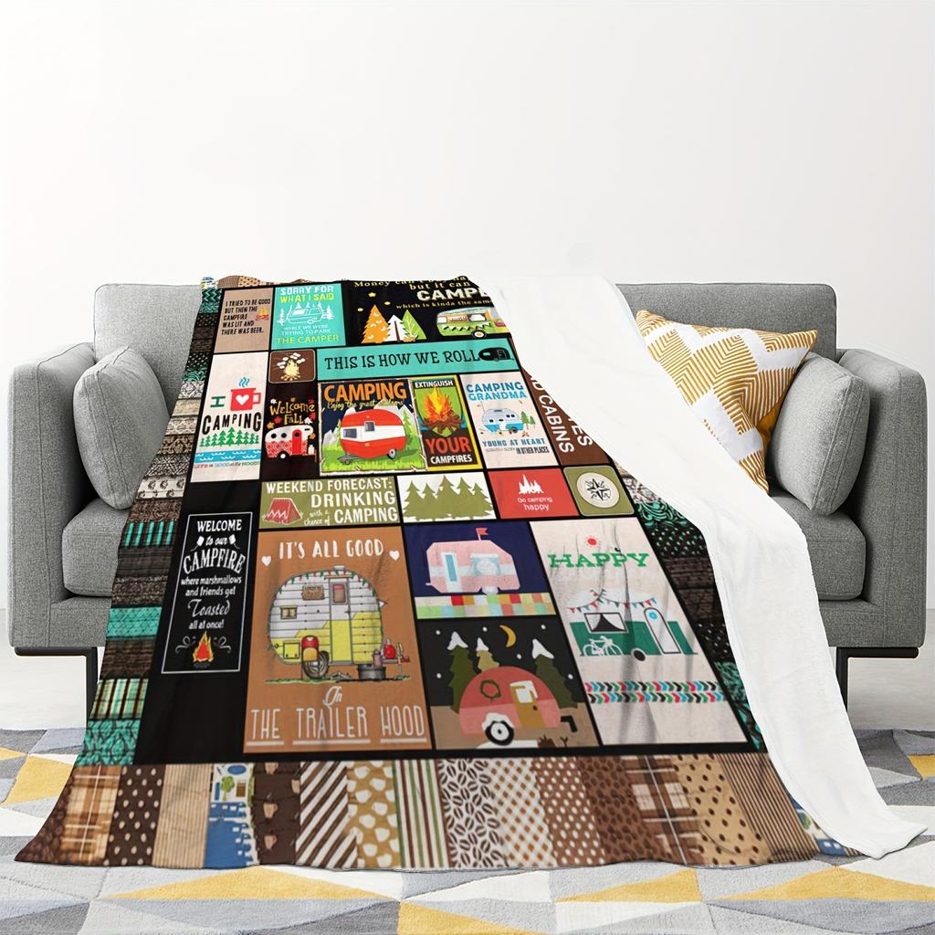 Happy Camper Outdoor Blanket, Soft Warm Throw for Sofa Couch Bed Chair Travel, Camping Essential Cozy Gift