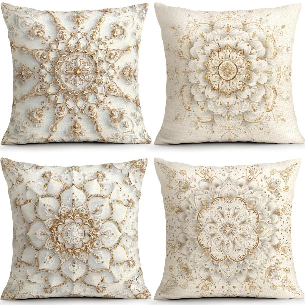 Set 4 Huse Pernă Decorativă Mandala Alb Crem Auriu Huse Elegante Luxe pentru Canapea Living Dormitor Decor Acasă