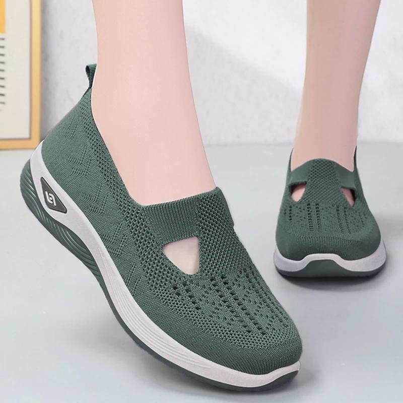2025 Spring Breathable Knitted Sports Shoes for Women, Large Sized Hollow Soft Soled Flat Shoes for Women, Non Slip Casual Shoes