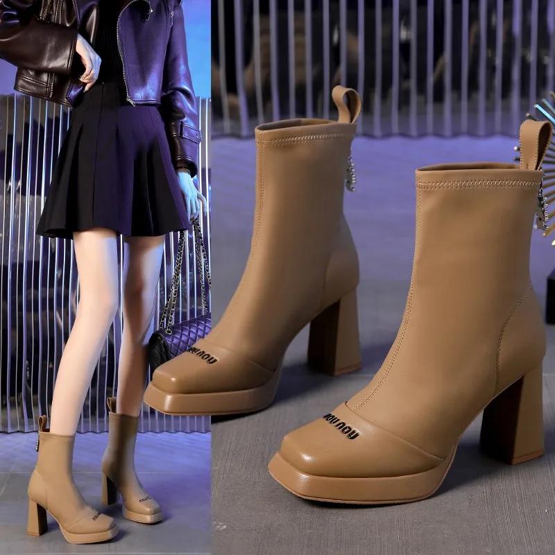 2025 New Autumn Women's Stretch Boots Square Head Square Heel Back Zipper Platform Heels Women Short Boots Waterproof Platform