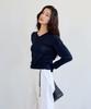 THEELO Strap Detail V-Neck Knit Top (Navy)