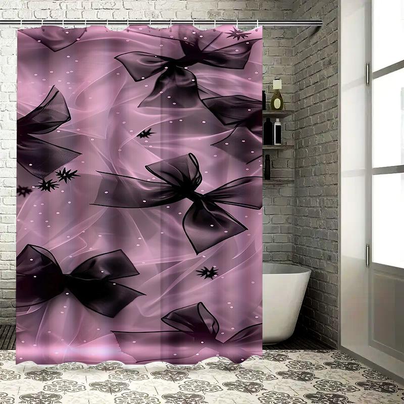 Black Bow on Pink Background Waterproof Shower Curtain Heat Resistant Machine Washable Non-Transparent 180x180cm