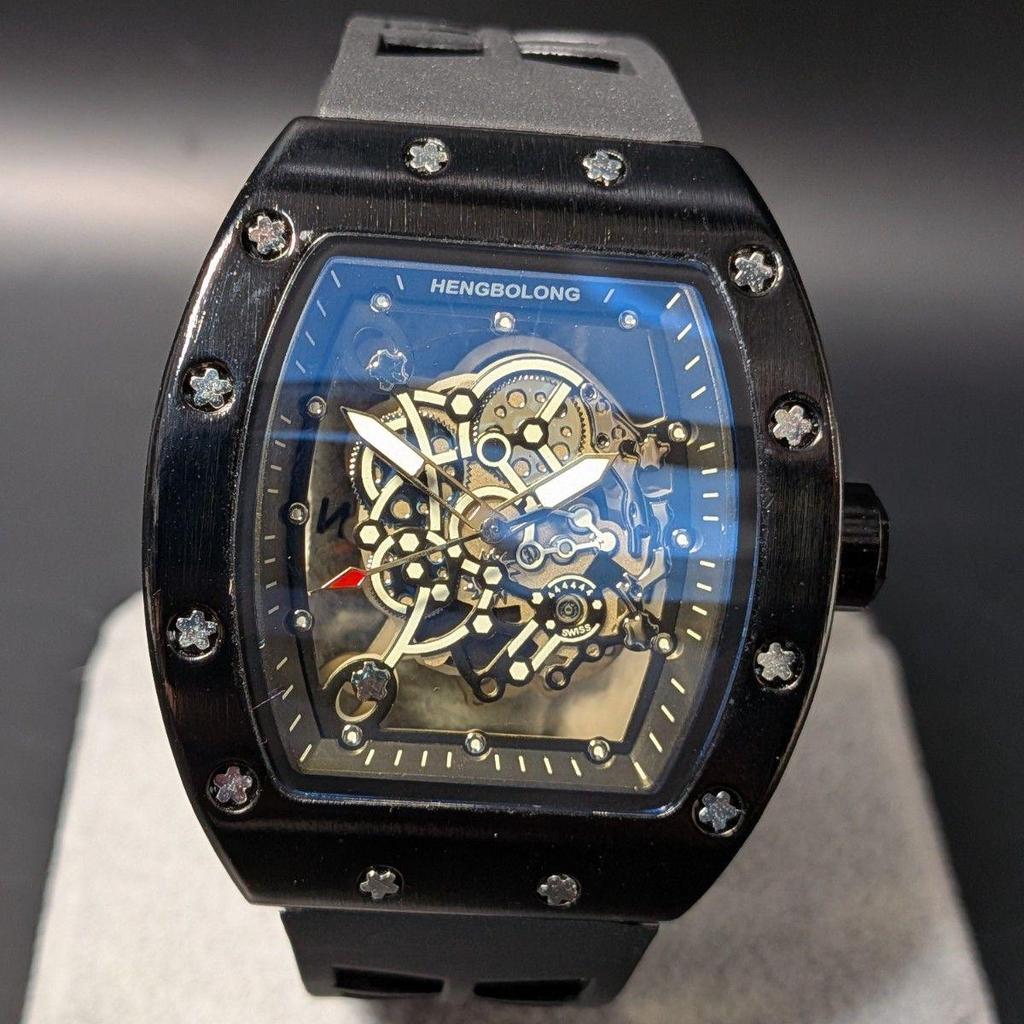 Used New Watch Richard Mille Type Quartz Homage Watch Rubber Tonneau Skeleton Black