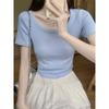 Dopamine Whitening Slim Right Shoulder Square Collar Short-sleeved Pure Desire T-shirt Summer Curved Hem Bm Short Crop Top
