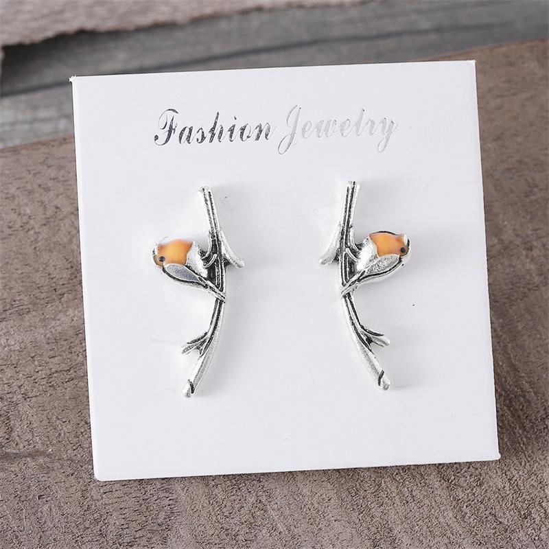 European & American Retro Bird Branch Jewelry Set: Drip Oil Earrings, Ring & Necklace