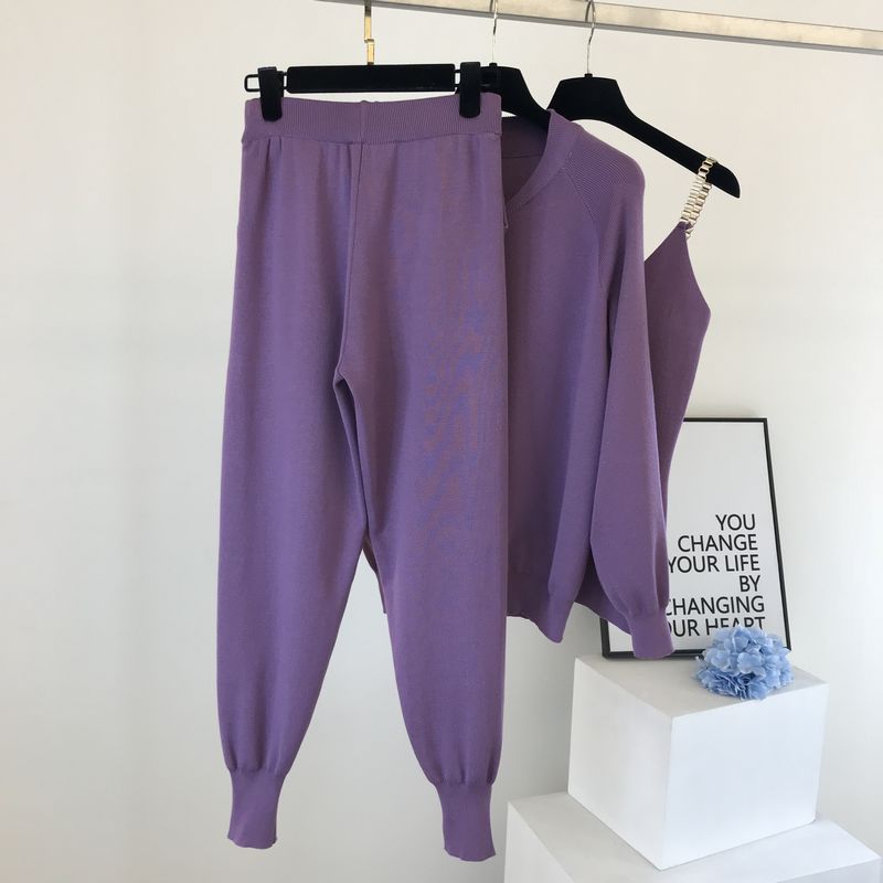 Women 3pcs/set Outfits Knitted Sweater Suit Casual Chain Vest Knitted Jacket + Elastic Pants Three-piece Sets