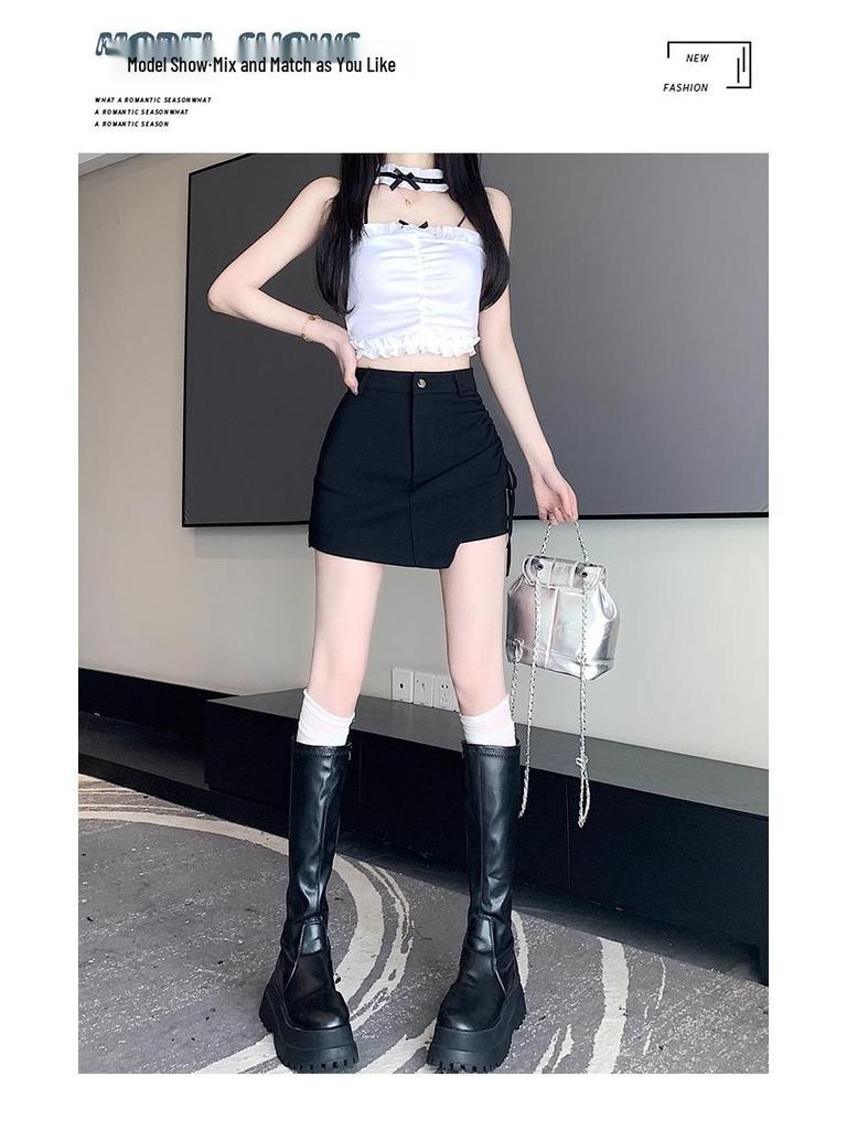 Damen Schwarzer High Waist A-Linien Midi-Rock 2024 - Schlankmachend, Vielseitig, Unregelmäßiger Kordelzug, Lässiges Bodycon-Design für den Sommer.