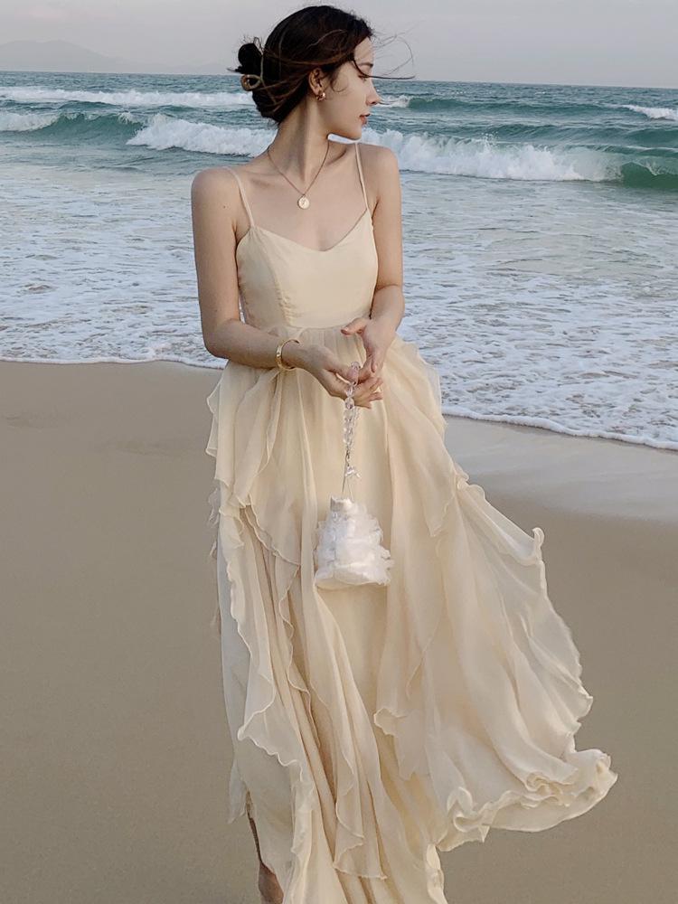 Sanya Women's Fairy Beach Dress - Summer French Strappy Seaside Vacation Long Dress