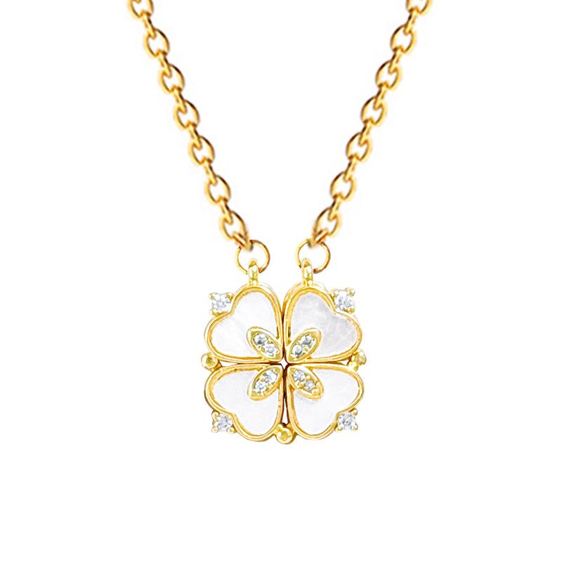 Versatile Titanium Steel Women's Necklace: Heart-to-Heart Two-Way Four-Leaf Clover Clavicle Chain with Full Diamonds