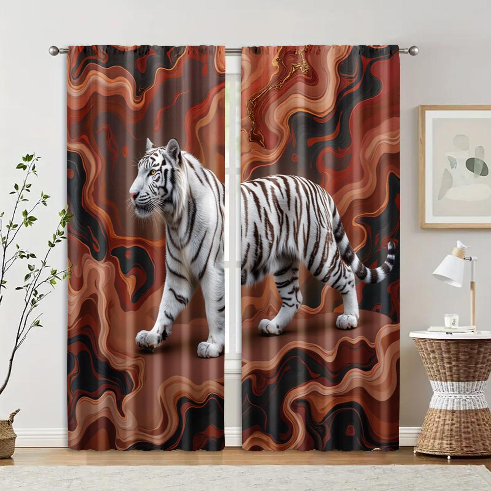 

Set Of 2 Filtering Curtains Excluding Rods Non Movable Without Batteries Silver White Tiger Use Bedrooms Living Made Polyester Sleeping Area Window W100*H70(CM)-Grommet top&2PCS