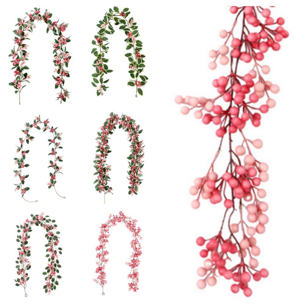 Green Leaves Christmas Pink Berries Wreath DIY Simulation Plants New Year