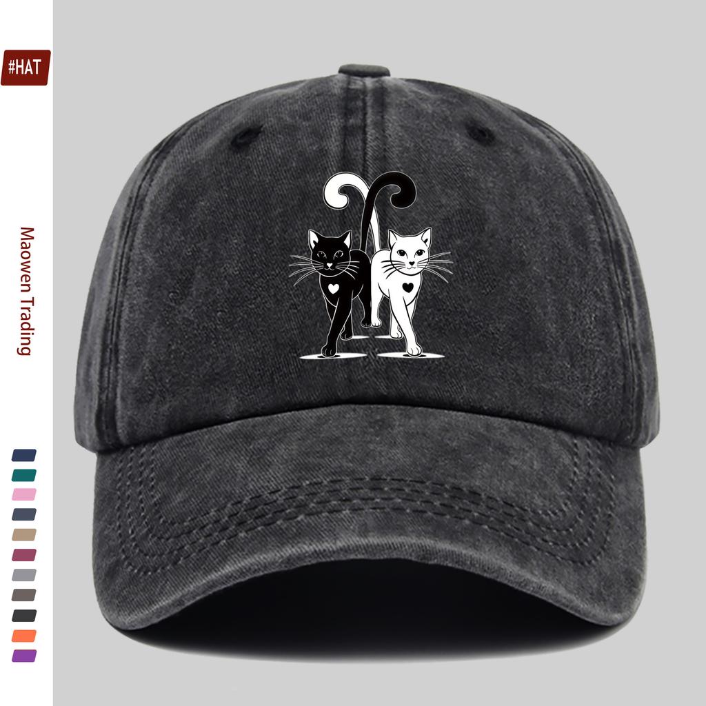 Pc Cartoon Cute Black and White Cat Pattern Printed Baseball Cap with Adorable Pet Cat and Heart Print Design Sun Hat Home Cas