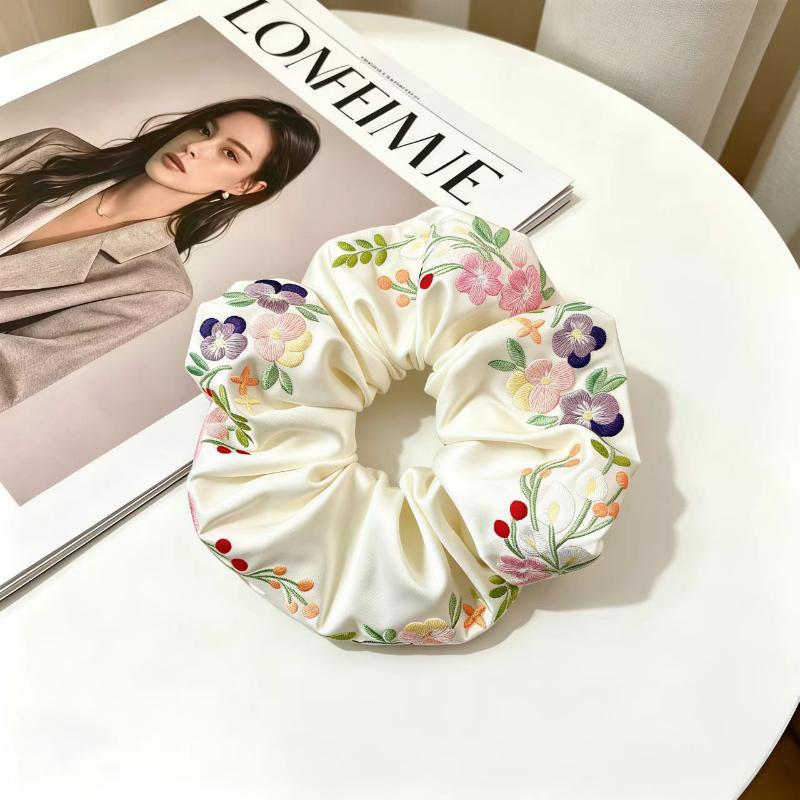 Embroidered Floral Satin Scrunchie, Fresh And Sweet Elastic Hair Tie, Artistic Girl Hairband