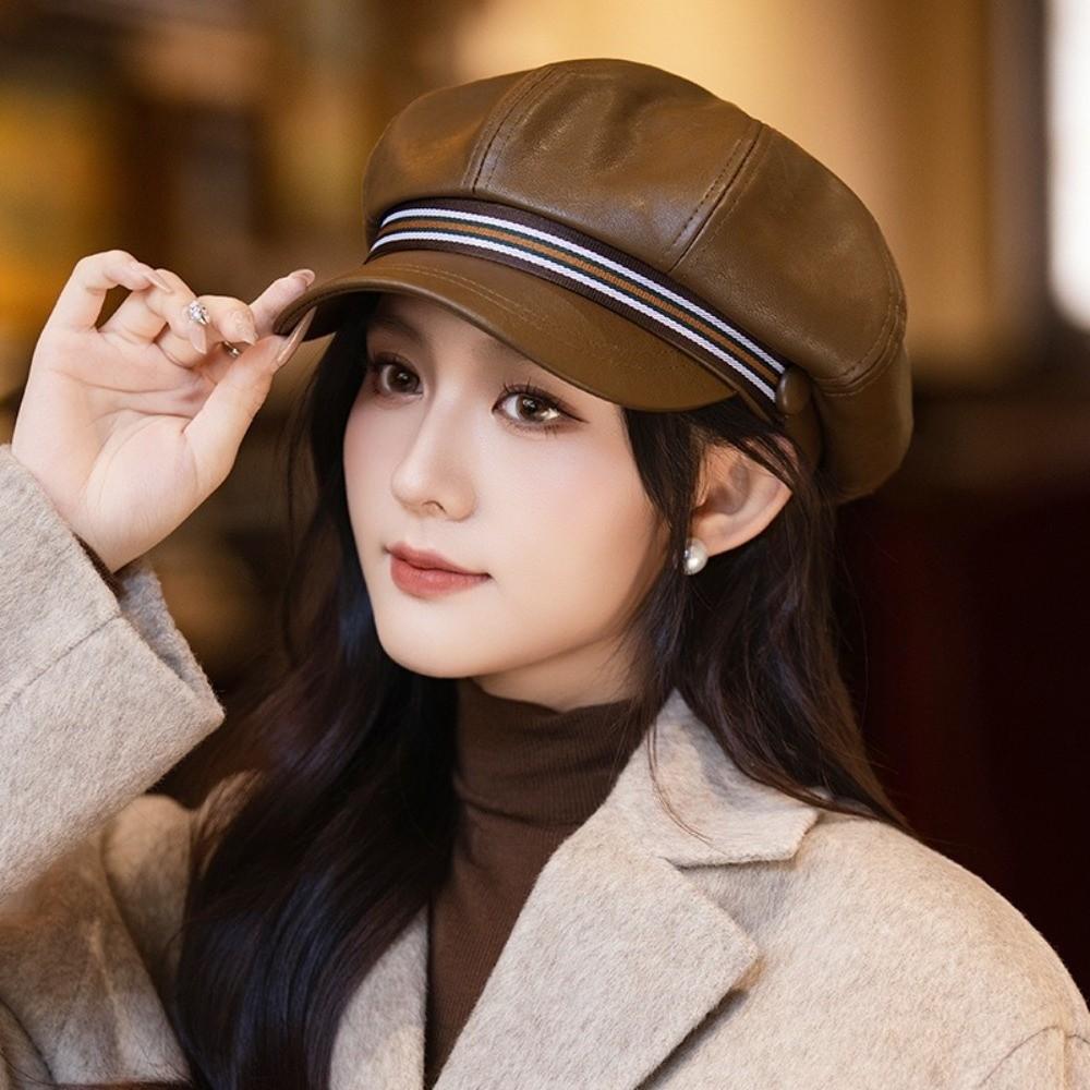 Windproof Octagonal Hat Warm Painter Hat Personality Pu Leather Beret  Girl