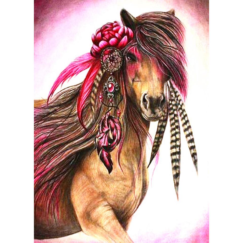 5D-Runddiamantgemälde mit Tierdiamantstickerei „;Pferd"; Strass-Mosaik-Bild, Kreuzstich-Set, DIY-Heimdekoration, Geschenk