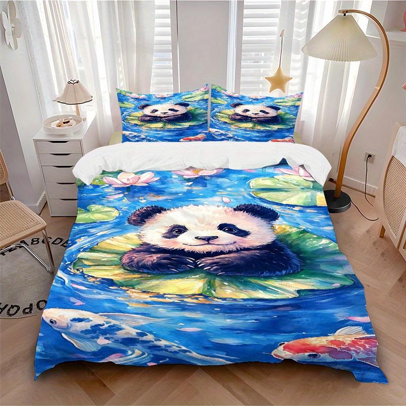 

3pcs Panda Lotus Bedding Cover Set, Fashion Classic Popular Print Bedding Set, Soft Comfortable, All - Season Use, For Bedroom, Guest Room182 135x200cm