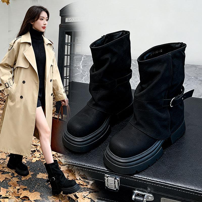 Vintage Maillard Platform Martin Boots Women's 2025 New Autumn Versatile Heightening Stacked Pants Tube Boots