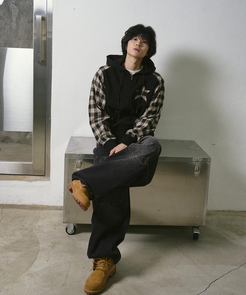 Travel Star Combination Check Hooded Zip-Up Black