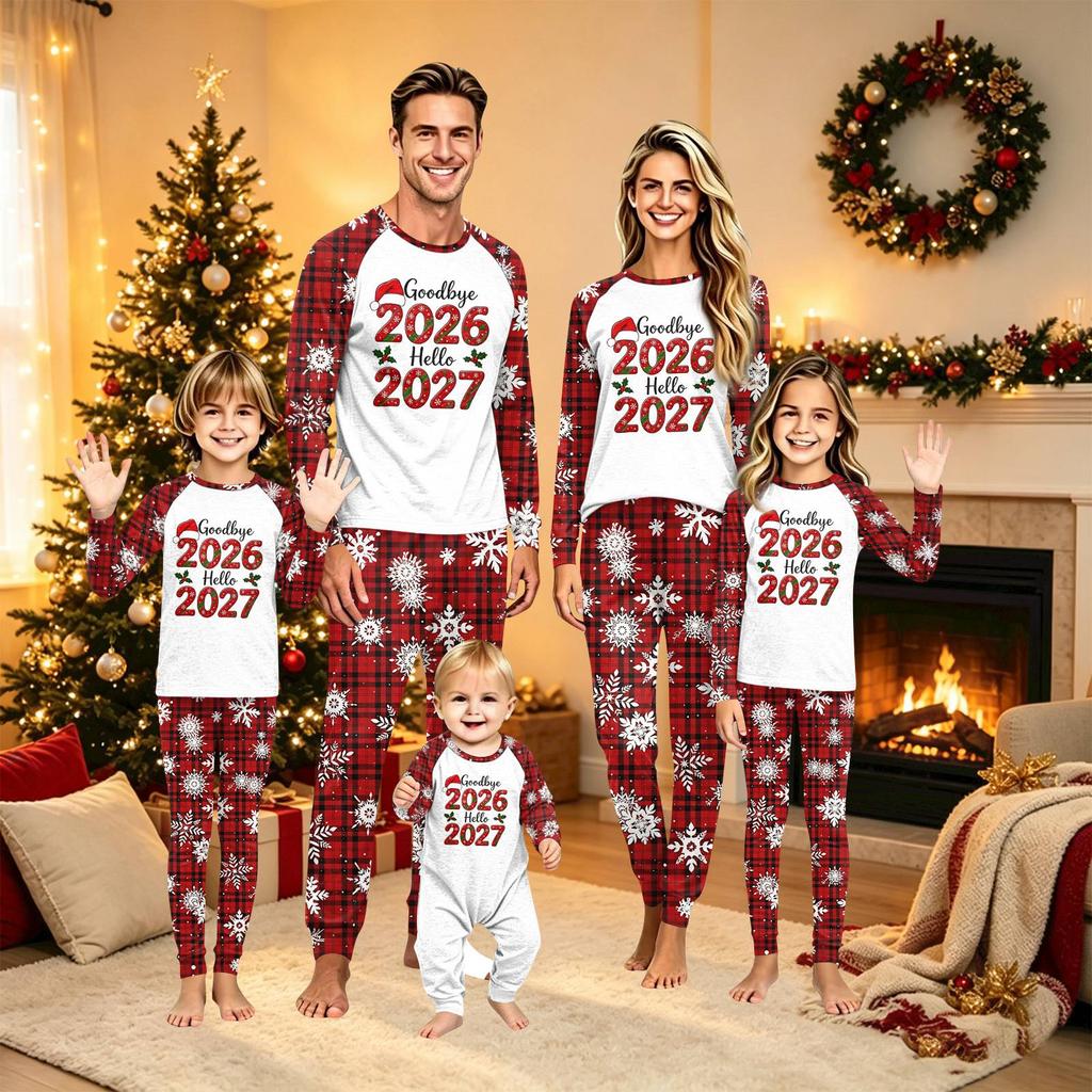 Matching Family Christmas Print Long Sleeve Round Neck Set for Parents and Kids