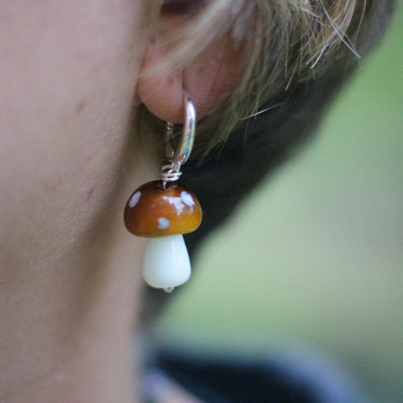 Bohemian Woodland Brown Glass Mushroom Dangle Earrings