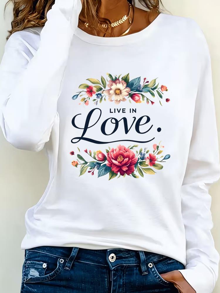 (Asian Size) Lovely Butterfly Style Print T Shirt Tee Women Clothing Autumn Winter Spring Casual Fashion Top O-neck Graphic Long Sleeve T-shirts