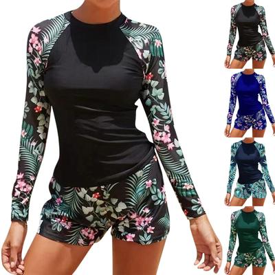 Women's Long Sleeved Digital Printed Color Conservative Bikini Boxer Swimsuit