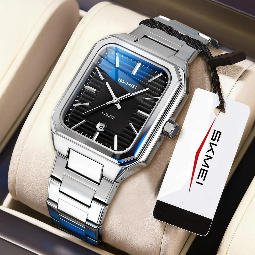 SKMEI Luxury Business Square Quartz Watches Classic Stripe Design Dial with Stainless Steel Band Wristwatch for Men