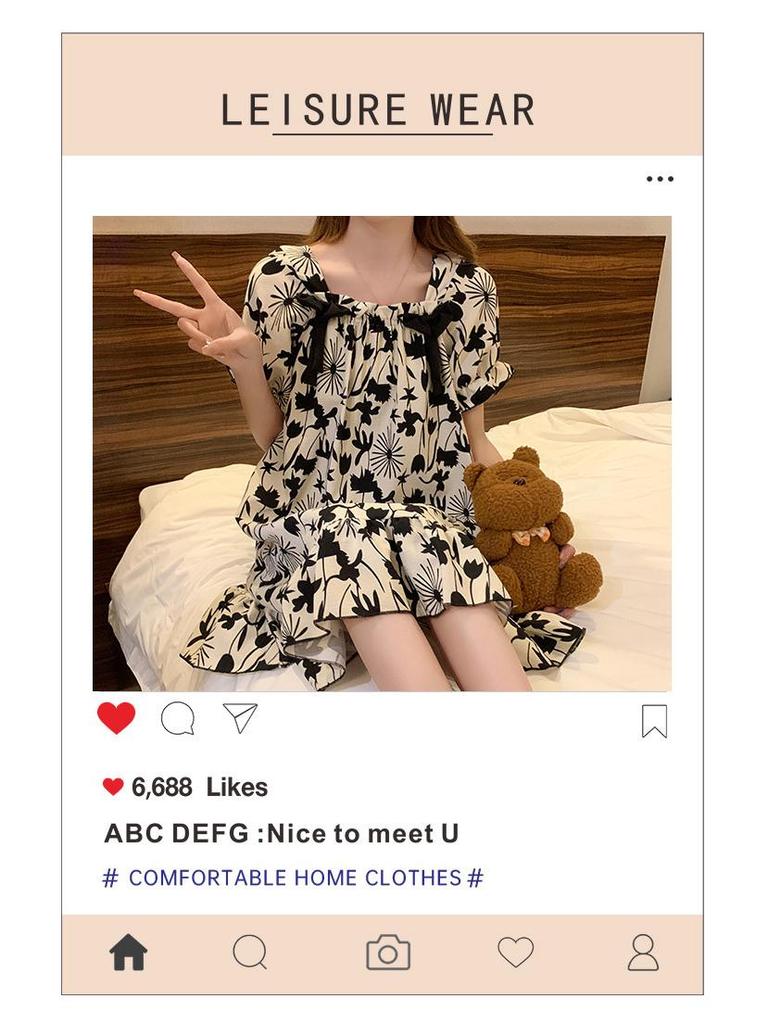 Summer Bubble Cotton Nightdress for Women with Chest Pads - Sweet, Cute, and Versatile Short-Sleeve Pajamas