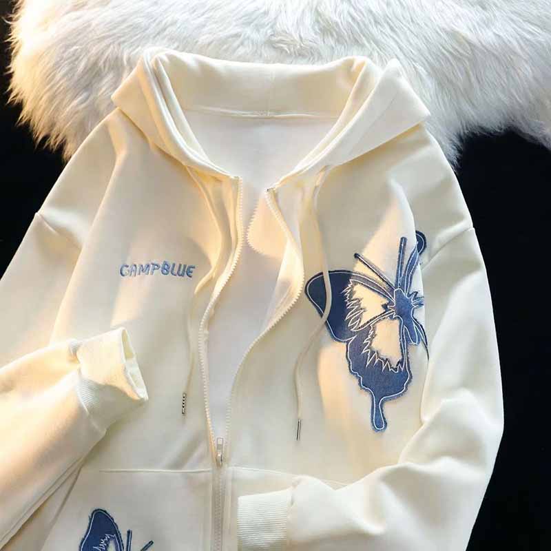 Coat for Women Cotton Casual Oversize Butterfly Zipper Outer Long Sleeve Hooded Sweatshirt Jacket