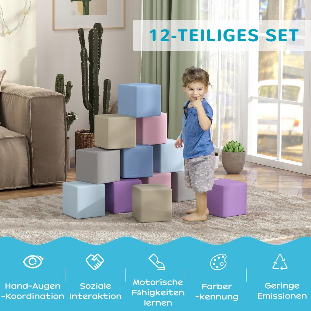 Soft Building Blocks, 12 Cubes of 20 x 20 x 20 cm, Easy-Care, Child-Safe, for 1-3 Years, Faux Leather