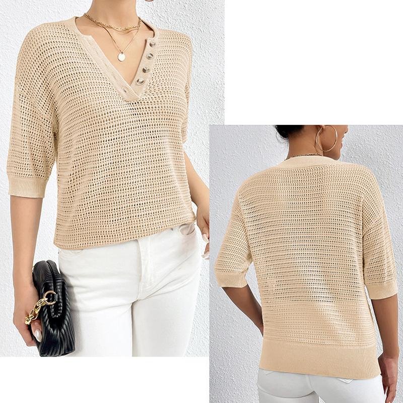 Women's Top Casual V-neck Cut-out Knit Pullover Short Sleeve T-shirt