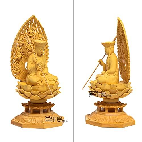 Hanro Art Carving Buddhist Statue, Jizo Bodhisattva, Buddhist Altar Statue, Wood Carving, Boxwood Ornament, Flying Celestial Being Halo, Octagonal Ped
