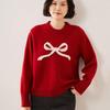 New Women's Thick Knit Bow Jacquard Wool Sweater - Red, Pure Wool, Round Neck, Loose Fit