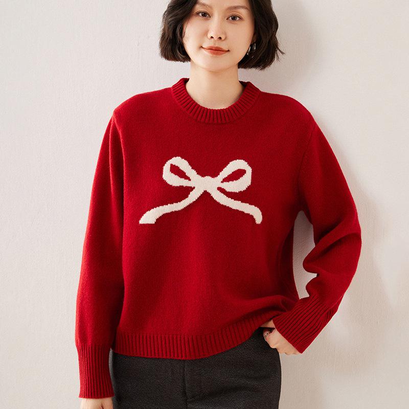 New Women's Thick Knit Bow Jacquard Wool Sweater - Red, Pure Wool, Round Neck, Loose Fit