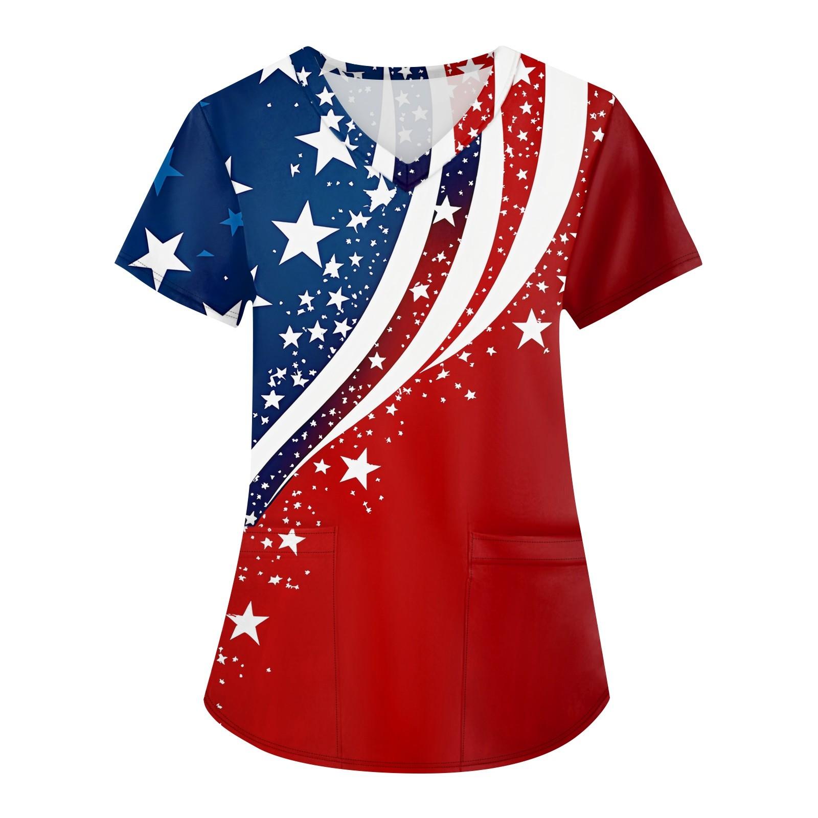 

Женская мода V-образный вырез короткий рукав рабочая одежда с карманами День независимости принтованные топы XXXL красный
